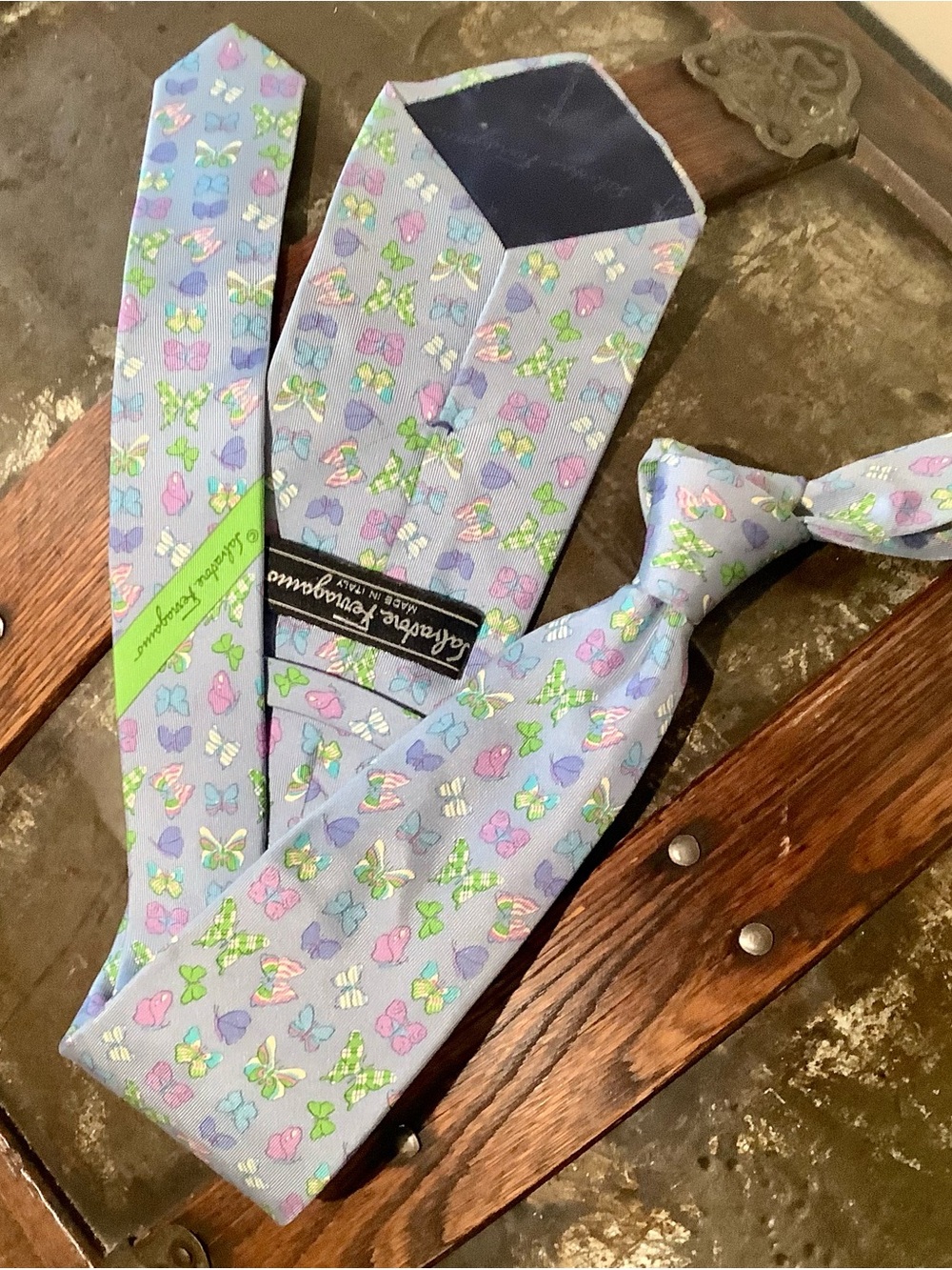 Salvatore Ferragamo Light Blue Butterfly Pattern Italian Silk Tie